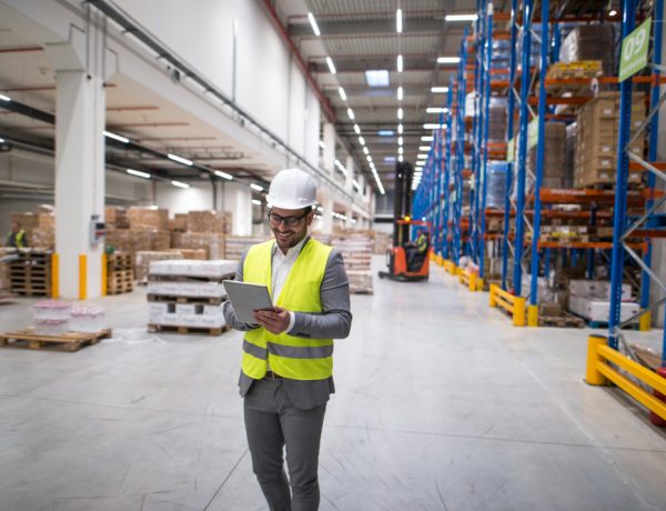 warehouse-manager-walking-through-large-storage-area-holding-tablet-while-forklift-operating-background